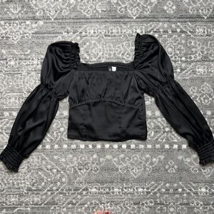 Black Satin Corset Style Cropped Puff Sleeve Top Size XXXS Whimsygoth Fairy